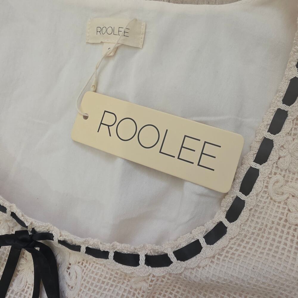 Roolee NWT Maxi Dress Womens Small Ivory Puff Sleeve Cottagecore Lace Bow - Picture 4 of 12